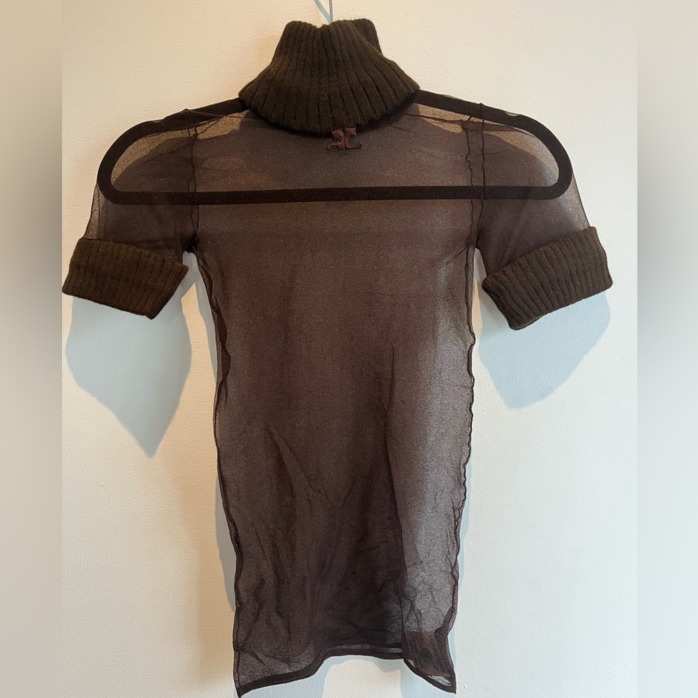 COURRÈGES PARIS c.1960's Brown Sheer Mesh Signature Logo Mod Turtleneck Top